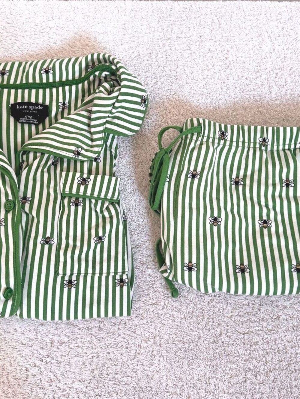 Kate Spade New York XL Green White Stripe Bee Pajama Set Short Sleeve Shorts